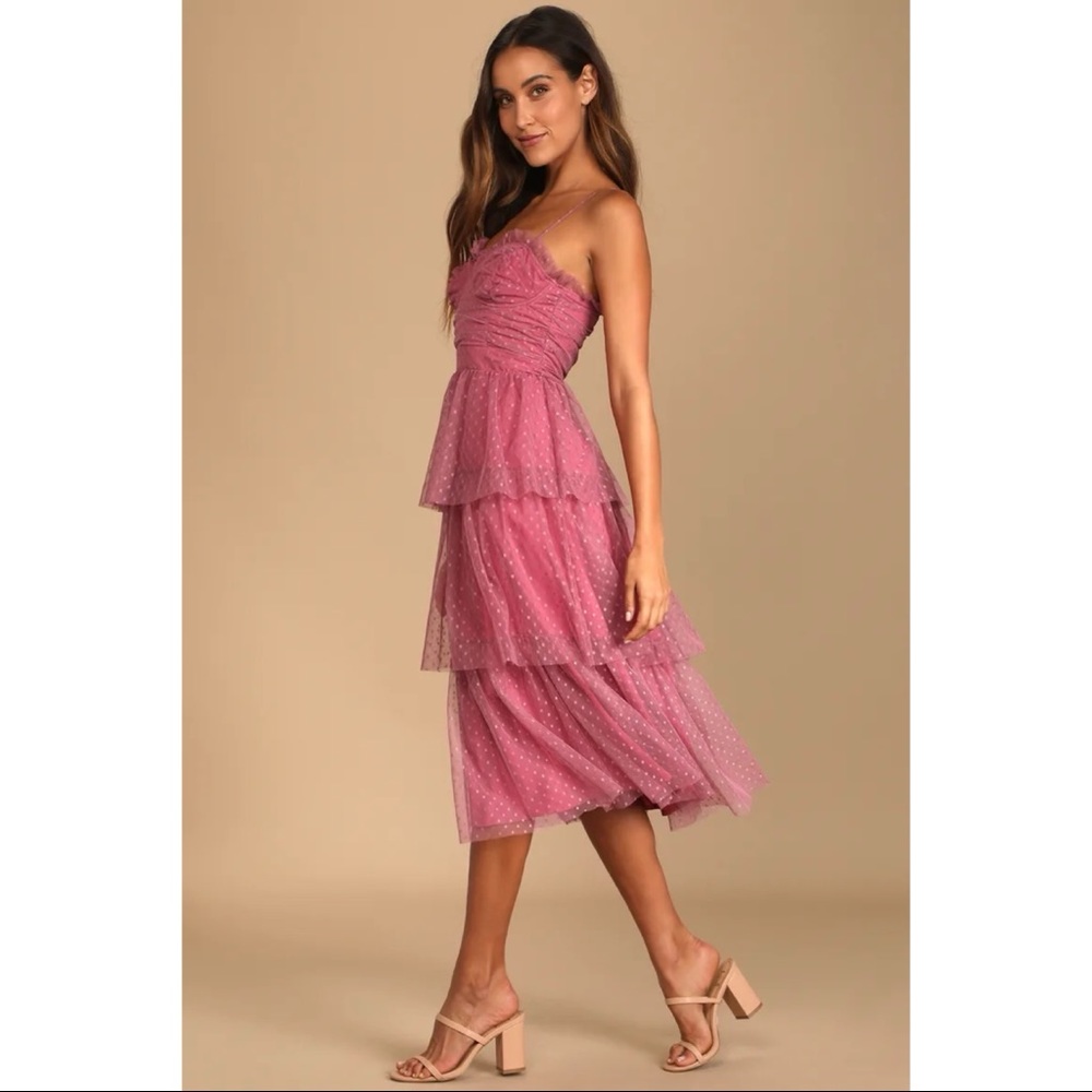 NWOT Lulus Sweetheart Style Mauve Polka Dot Bustier Tiered Midi Dress Small - Picture 4 of 12